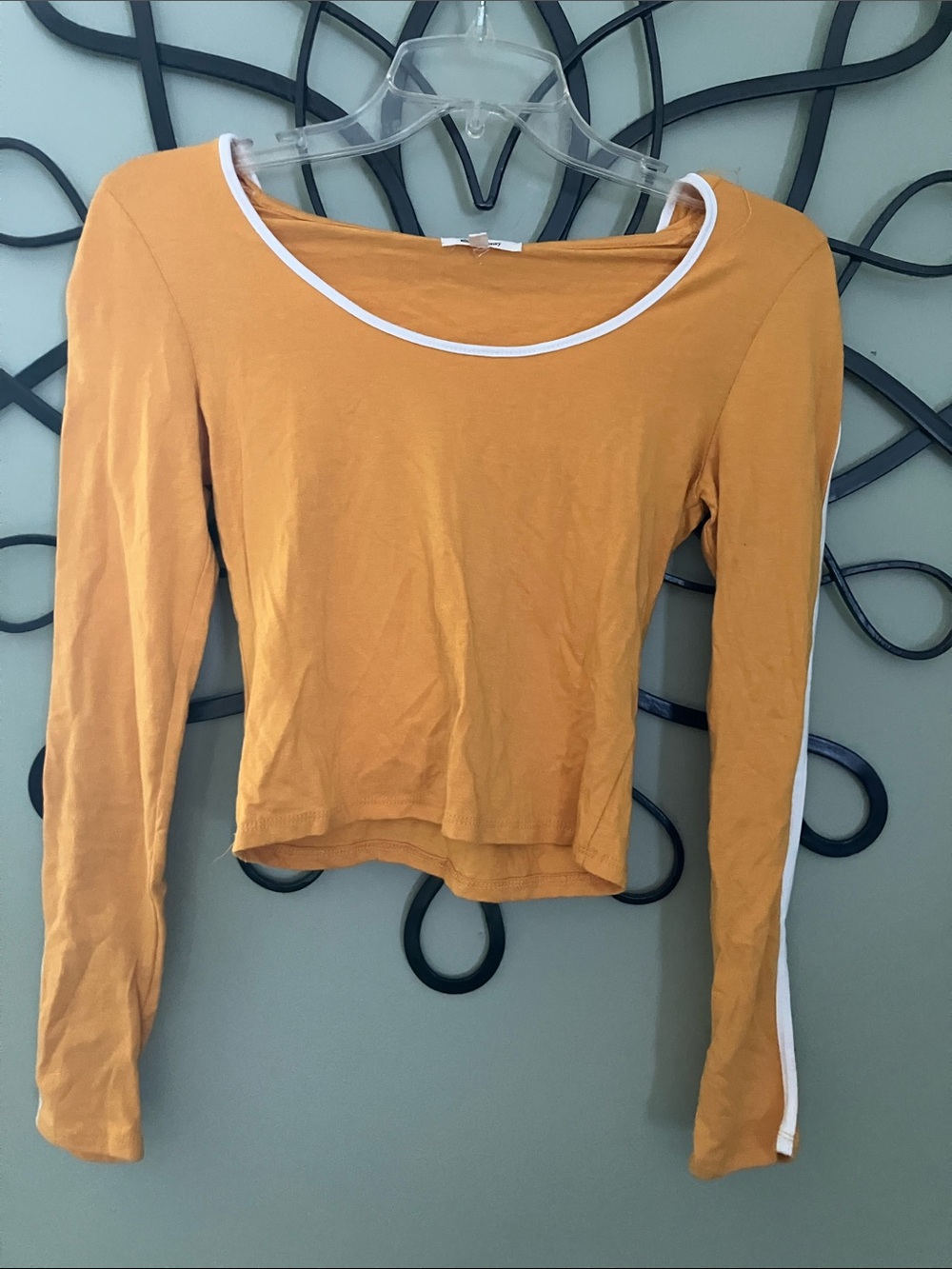 Heart & Hips Mustard Cropped Long Sleeve Top with White Trim